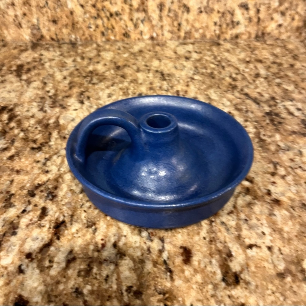 Vintage 90s Blue Pottery Hand Thrown Candlestick Taper Candle Holder Cottagecore